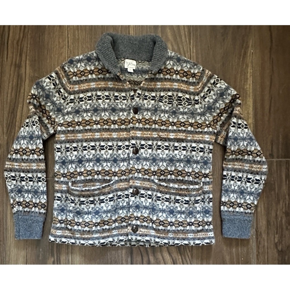 J. Crew Womens L Lambswool Fair Isle Shawl Collar Button Cardigan Sweater Grey - Picture 2 of 10